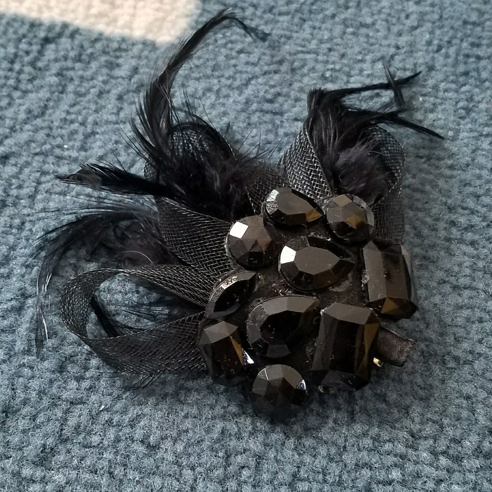 Black Jeweled and Feathered Hair Clip